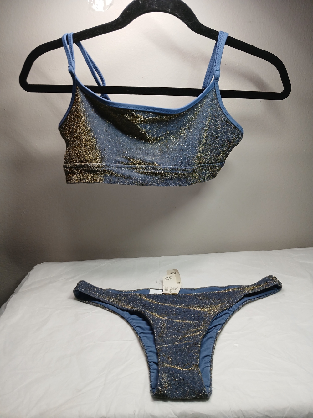 aerie Blue and Gold Glitter Bandeau Bralette & Bikini Set NWT